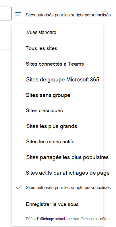 Capture d’écran de la liste des affichages par défaut, qui inclut la vue « sites autorisés par script personnalisé ».
