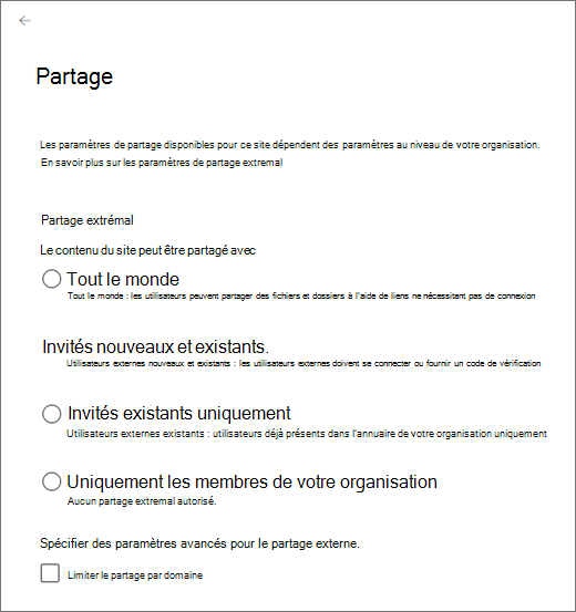 Modifier le paramètre de partage externe pour un site