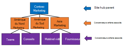 Image de la structure de site hub de base lorsque des hubs sont associés à chacun d’eux