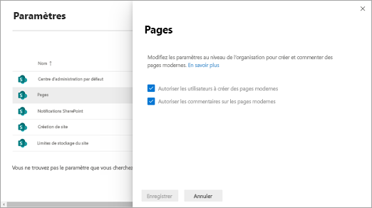 Paramètres des pages dans le nouveau Centre d’administration SharePoint