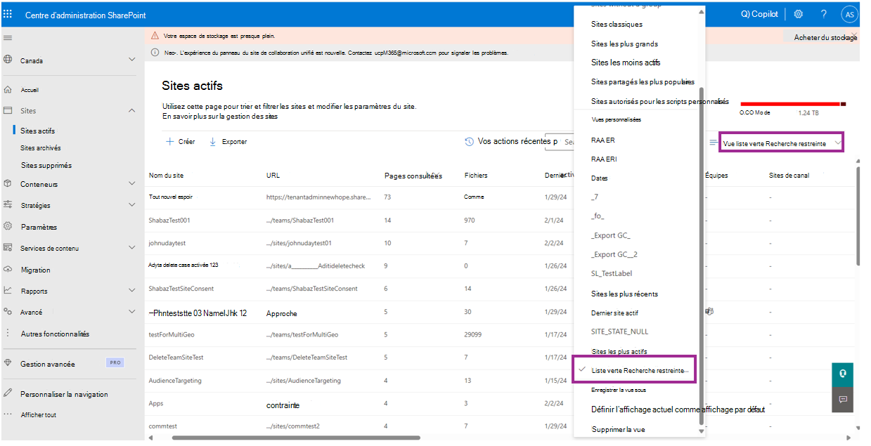 Capture d’écran de l’examen de l’affichage des sites actifs personnalisés enregistrés