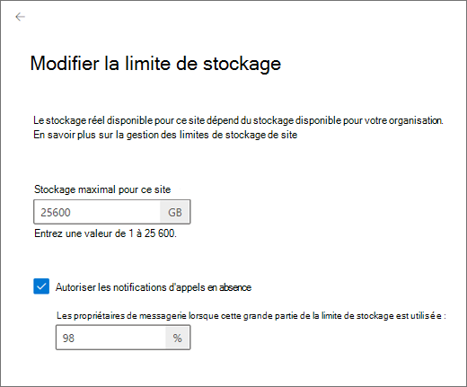 Modifier la limite de stockage pour un site