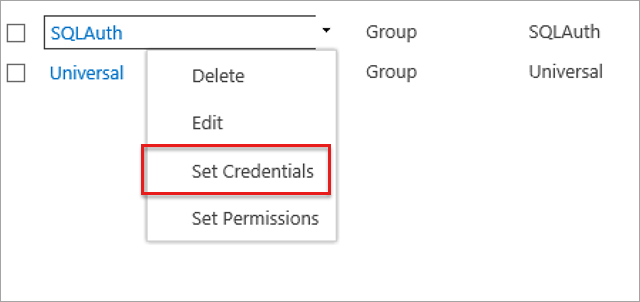 Capture d’écran de l’option Définir les informations d’identification dans le menu déroulant de la nouvelle application cible.