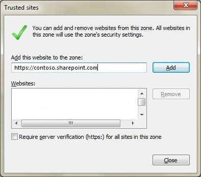 Capture d’écran de la boîte de dialogue Sites de confiance. Vous pouvez ajouter et supprimer des sites web dans cette zone.