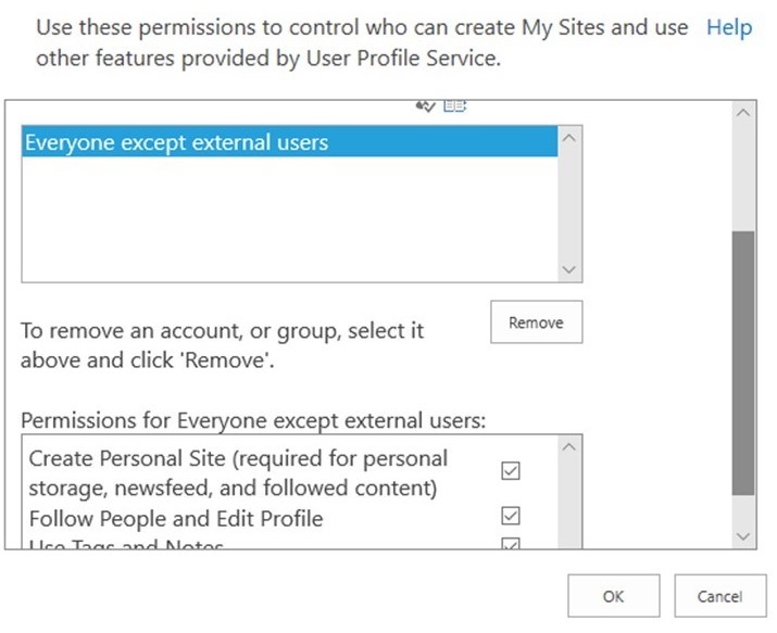 Capture d’écran du groupe d’autorisations Tout le monde sauf les utilisateurs externes et de l’option Créer un site personnel dans la boîte de dialogue d’autorisation Créer un site personnel.