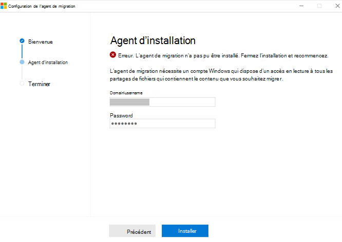 Défaillance de l'installation de l'agent écran