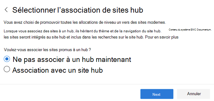 sélectionner une association de hub de structure de site