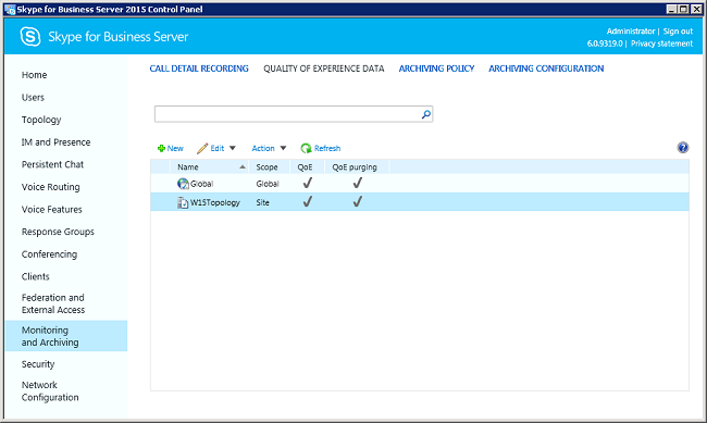 Lync Server Control Panel showing QoE setting