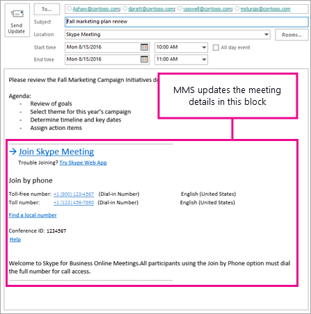 Capture d’écran montrant le bloc de réunion mis à jour par MMS.