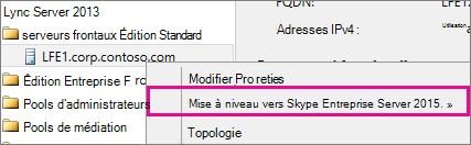 Capture d’écran du menu contextuel présentant l’option de mise à niveau vers Lync Server 2013.