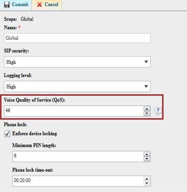 Capture d’écran montrant la zone d’entrée de la valeur QO S dans le panneau de configuration de Skype Server.