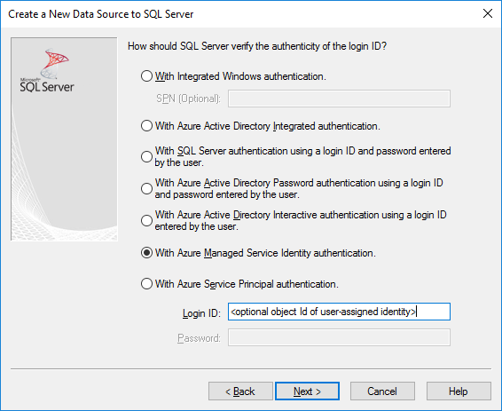 L’écran de création et de modification du nom de source de données avec l’authentification Identités managées pour les ressources Azure sélectionnée.