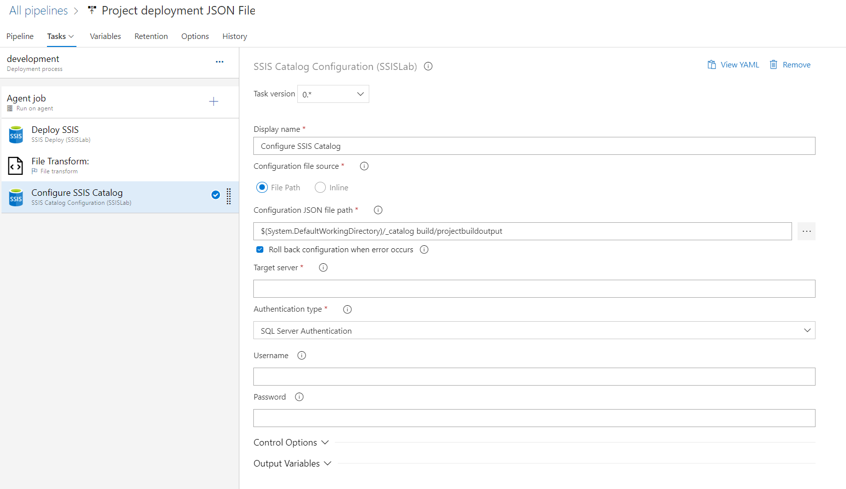 tâche de configuration du catalogue