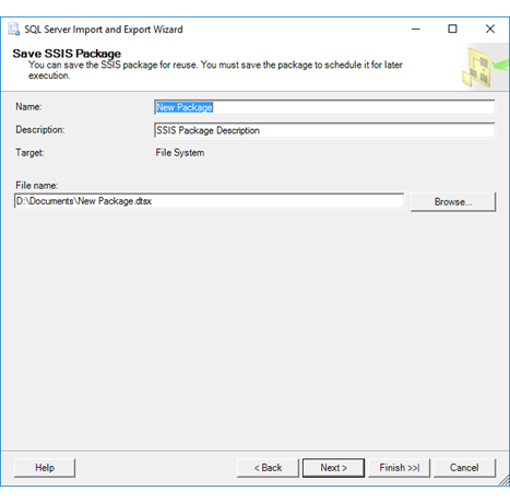 Capture d’écran montrant la page Enregistrer le package SSIS de l’Assistant Importation et Exportation, si vous avez sélectionné l’option Système de fichiers dans la page Enregistrer et exécuter le package.