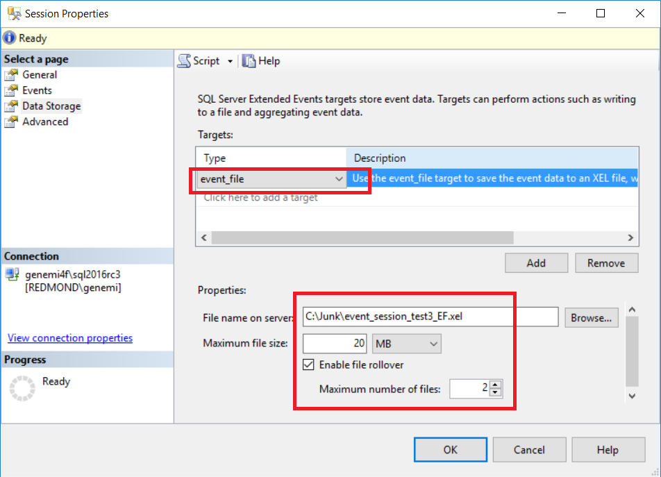 Nouvelle session > Stockage de données, eventfile_enablefileroleover