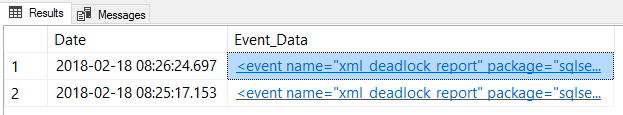 Capture d’écran de SSMS du résultat de la requête system_health XEvent.