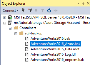 Capture d’écran de l’Explorateur d’objets dans SSMS montrant la sauvegarde d’instantanés sur Azure.