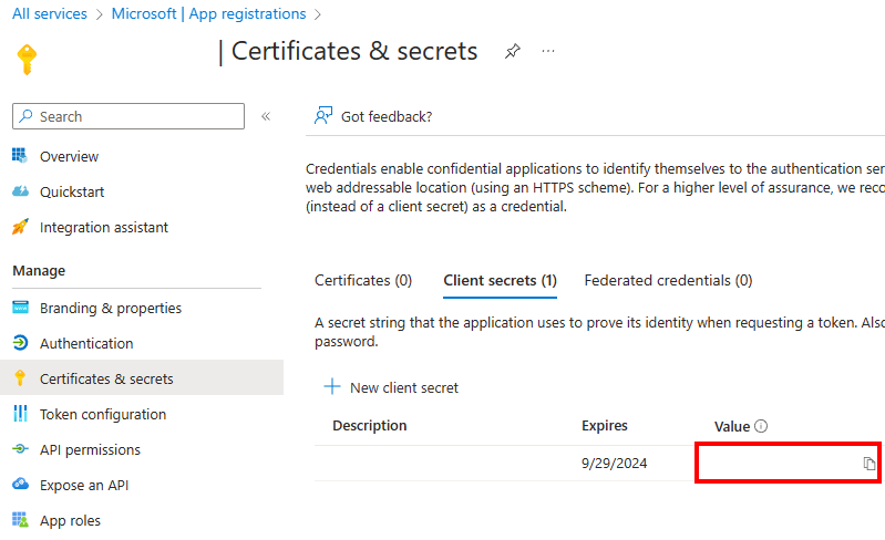 Capture d’écran de la valeur d’un secret dans le portail Azure.