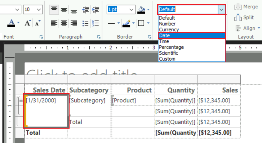 Capture d’écran montrant comment modifier le format des cellules de table sélectionnées à afficher sous forme de date uniquement.