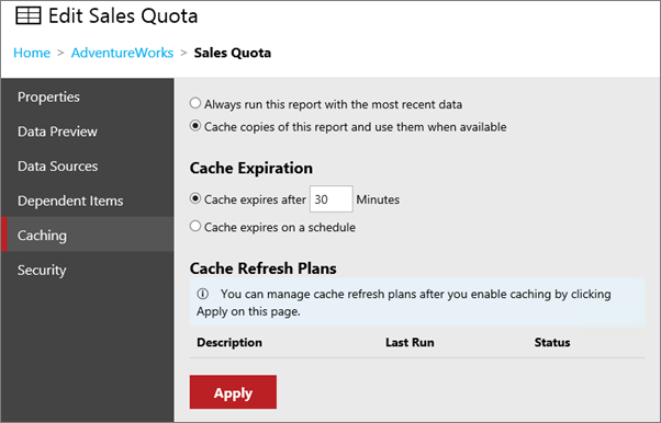 Capture d’écran montrant l’écran Mise en cache avec l’option Mettre en cache des copies de ce rapport et les utiliser en cas de disponibilité sélectionnée.