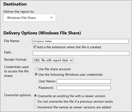 Capture d’écran montrant les sections de destination et de remise (partage de fichiers Windows).