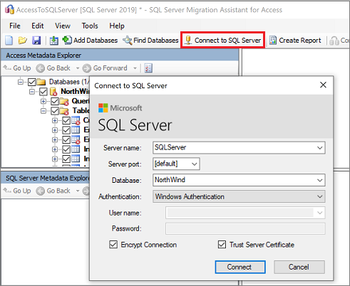 Capture d’écran montrant Connect to SQL Server.