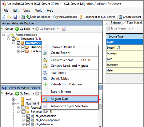 Capture d’écran montrant Migrate Data.