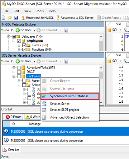 Capture d’écran montrant Synchronize with Database.