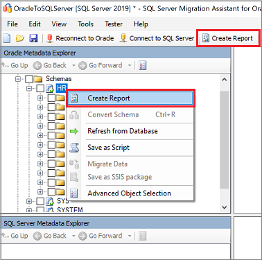 Capture d’écran des liens « Créer un rapport » dans l’explorateur de métadonnées Oracle.