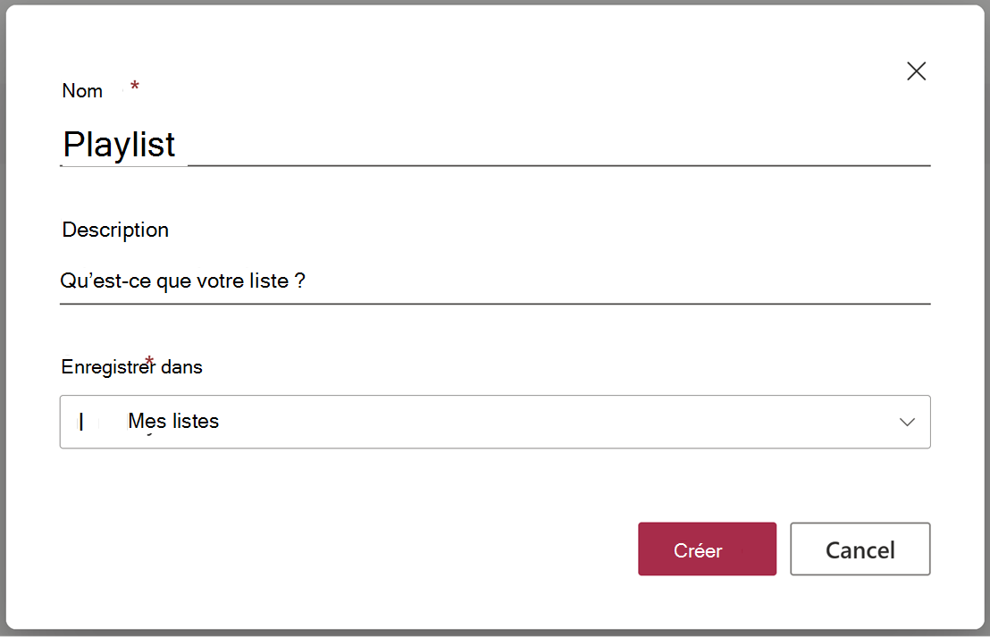 Boîte de dialogue de création de playlist.