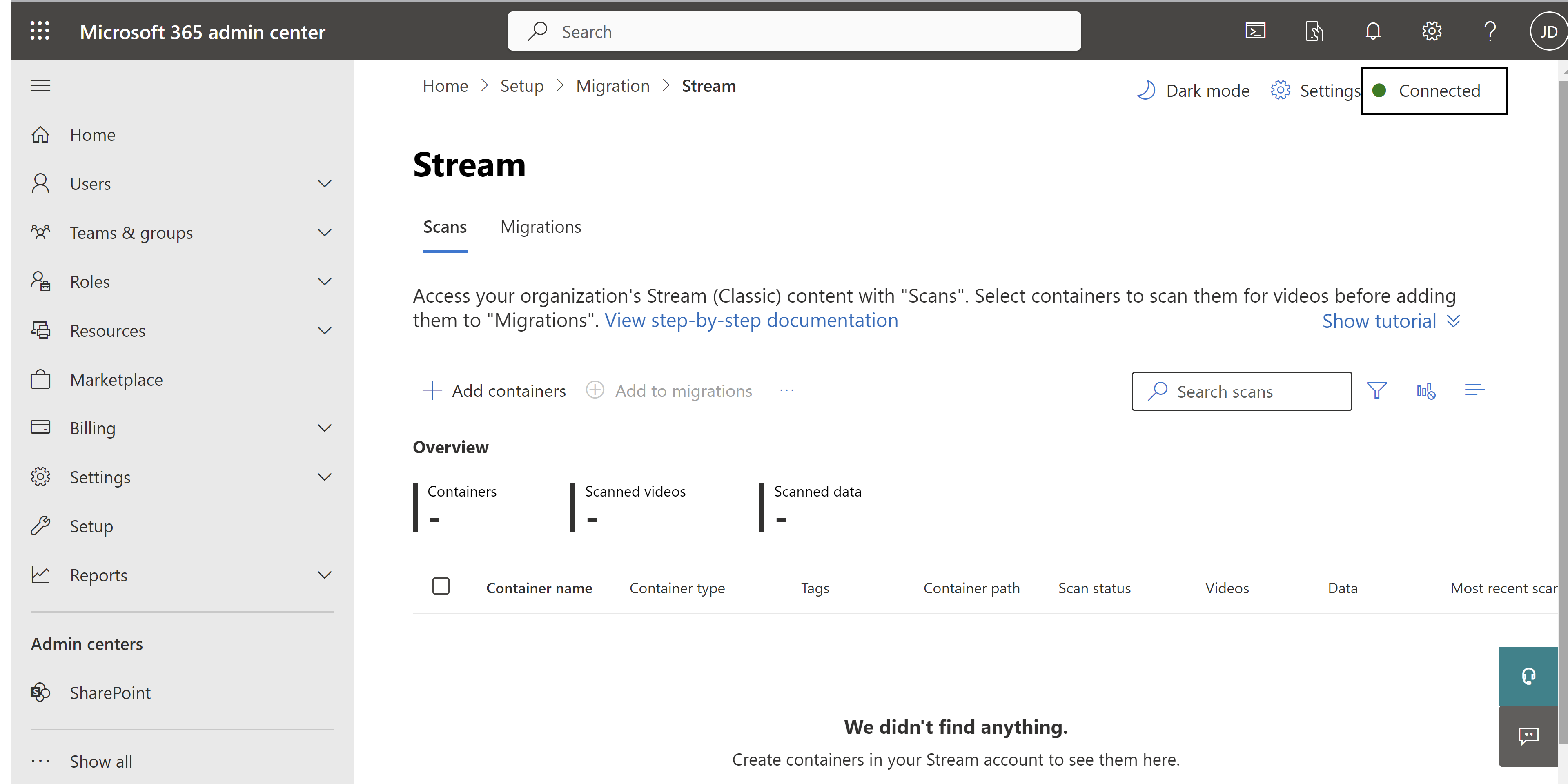 Page de l’outil de migration - Status de connexion au Centre d’administration Microsoft 