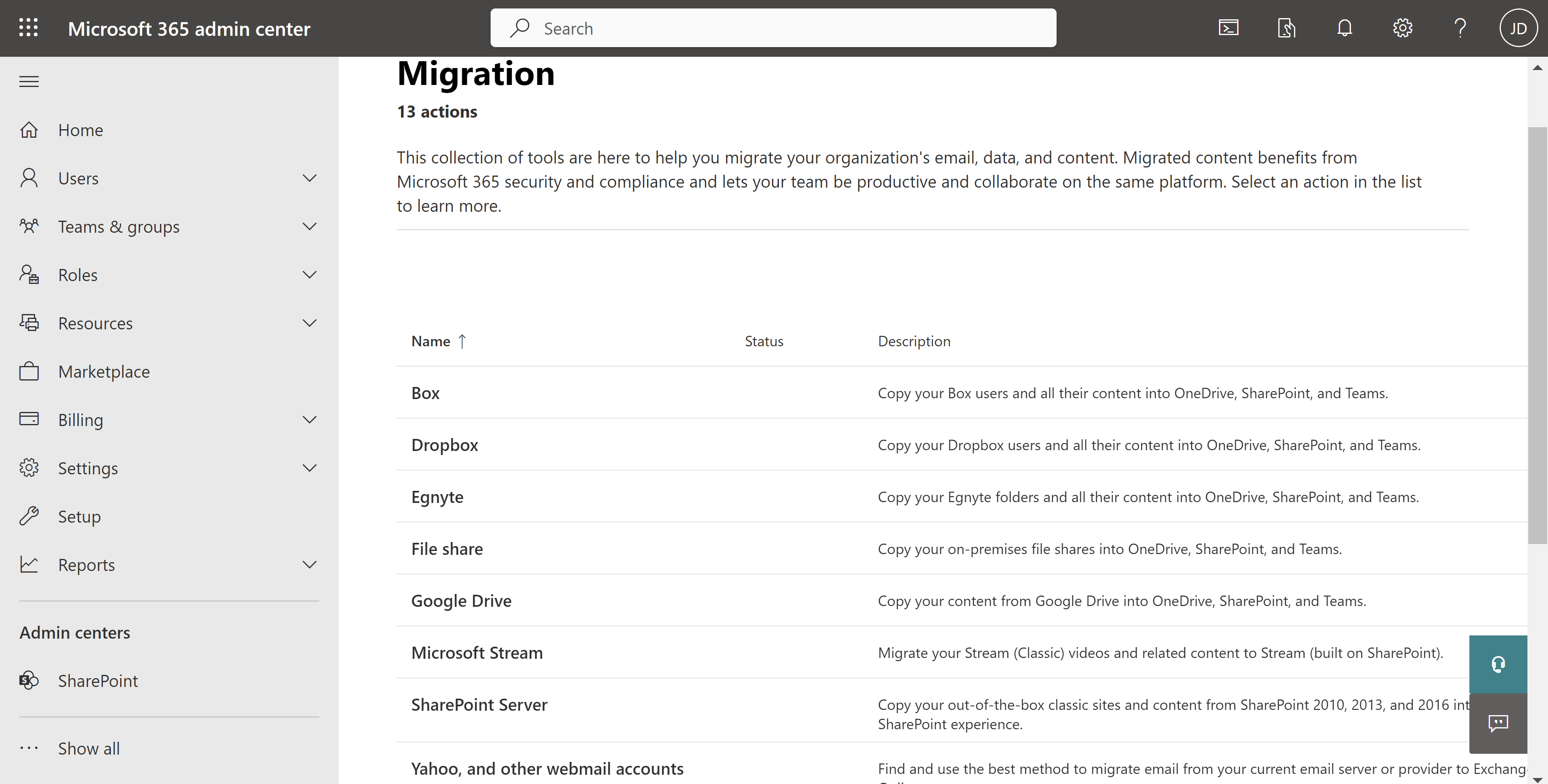 Page de l’outil de migration - Centre d’administration Microsoft 