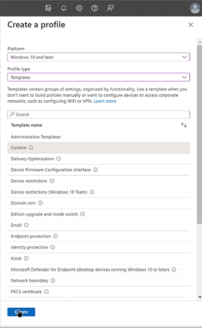 Commencer à créer le profil de configuration personnalisé