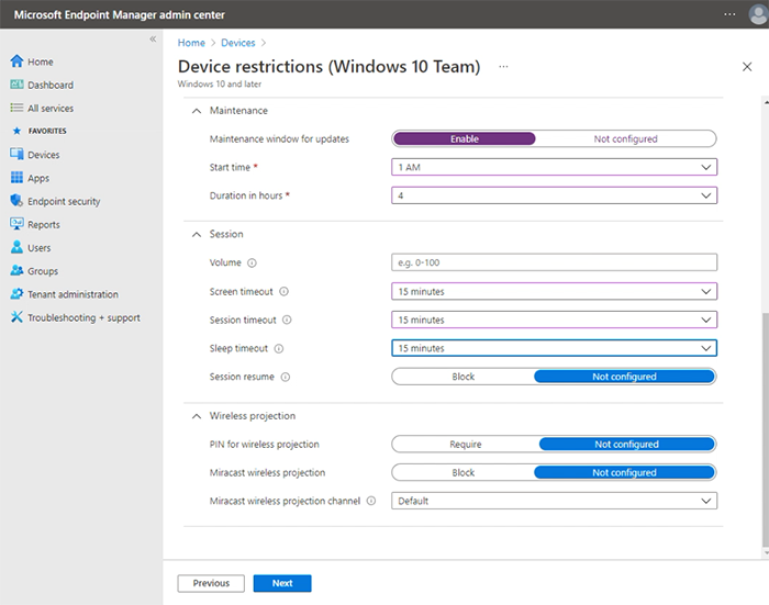 Capture d’écran montrant la configuration des paramètres du Surface Hub avec Intune profil de restriction d’appareil.