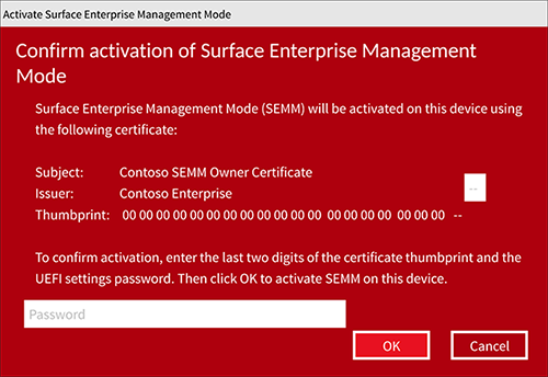 Capture d’écran montrant la boîte de dialogue confirm-activation dans laquelle vous entrez votre empreinte de certificat à deux caractères et votre mot de passe des paramètres UEFI.