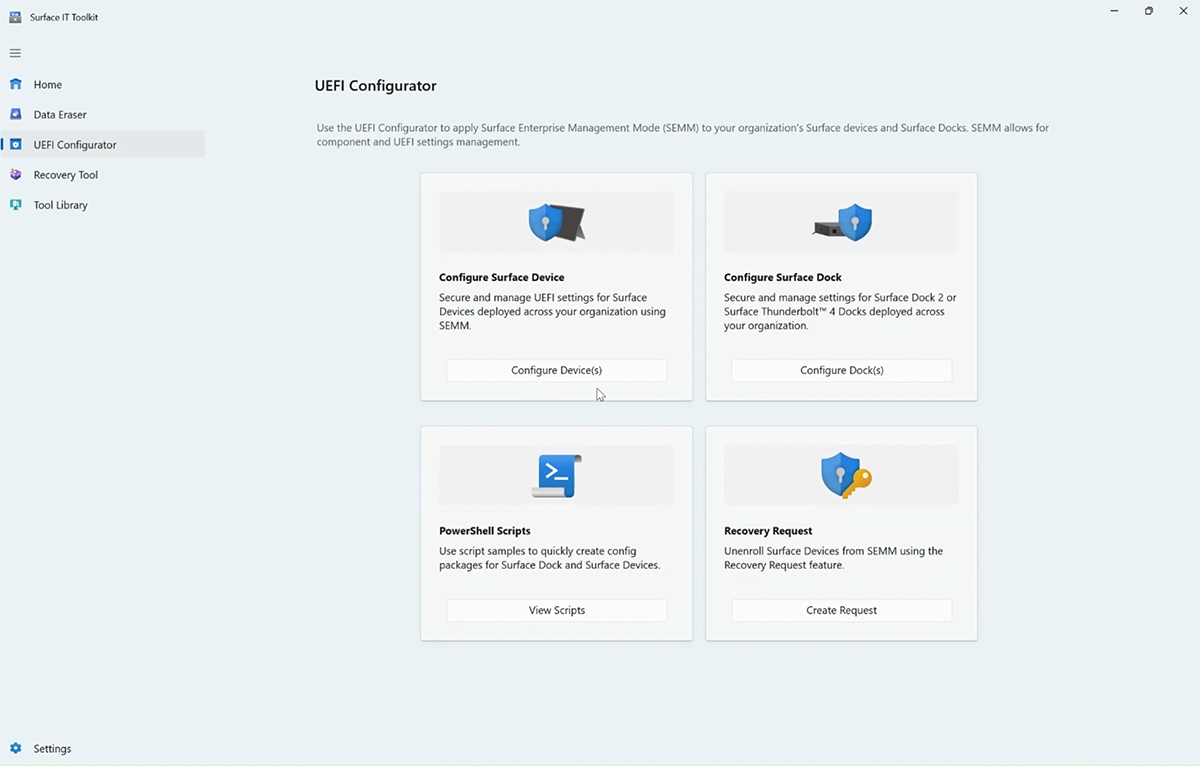 Capture d’écran de l’écran d’accueil du configurateur UEFI surface.