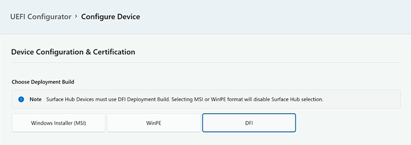 Capture d’écran de l’option Build de déploiement pour Surface Hub.