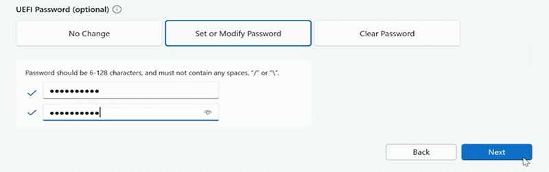 Capture d’écran de la définition du mot de passe UEFI pour Surface Hub.