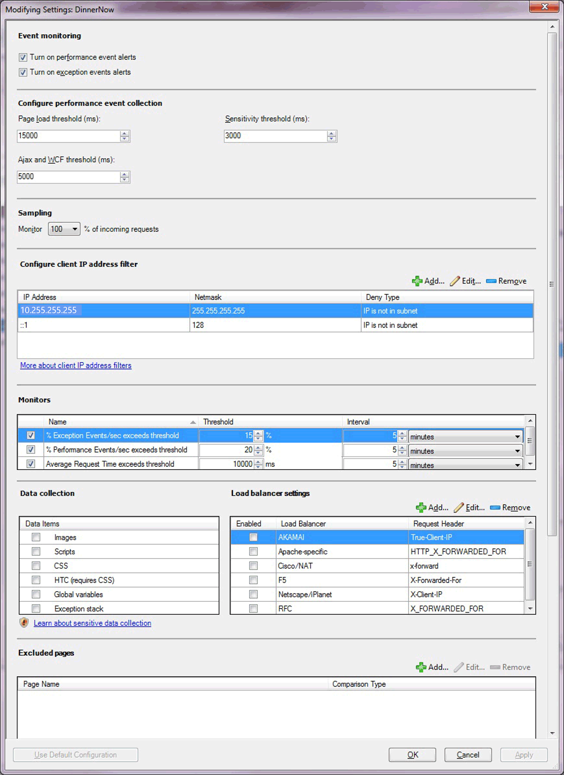 Capture d’écran des paramètres de modification côté client.