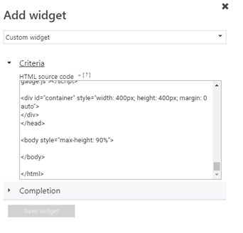 Capture d’écran montrant configurer le widget personnalisé pour le tableau de bord.