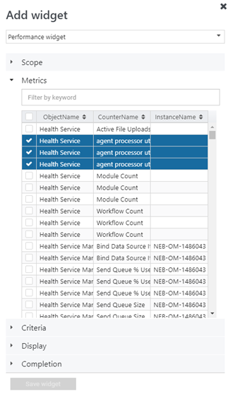 Capture d’écran montrant Sélectionner un compteur de performances et une instance.