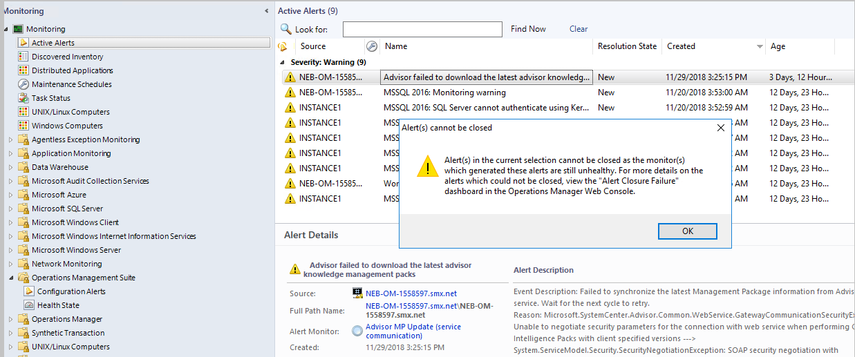 Capture d’écran montrant la console des opérations de message d’alerte fermée.