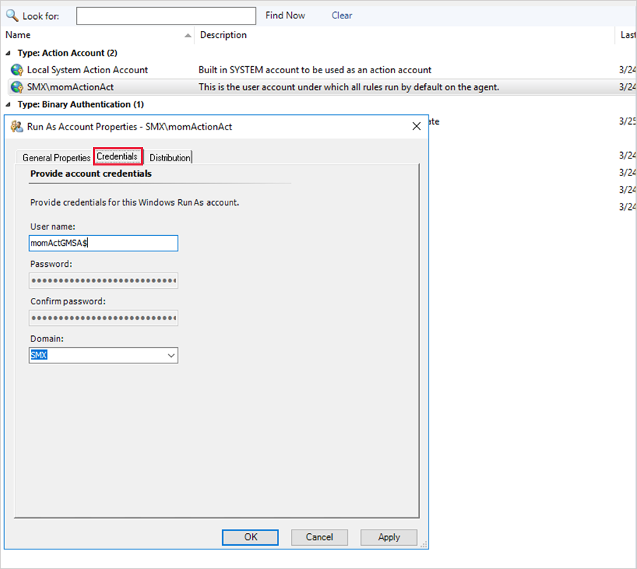 Capture d’écran de l’option Fournir les informations d’identification du compte d’action par défaut.