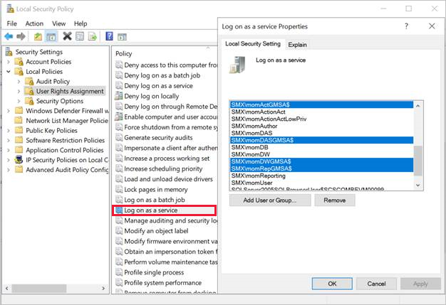 Capture d’écran des propriétés du service de connexion.