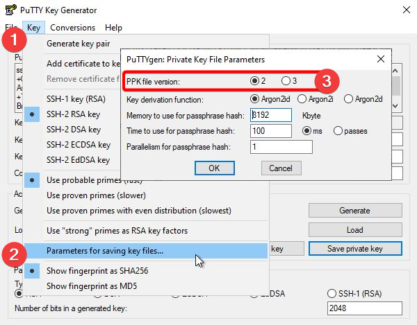 Capture d’écran du générateur de clés PuTTY montrant où sélectionner la version du fichier PPK pour la clé privée.