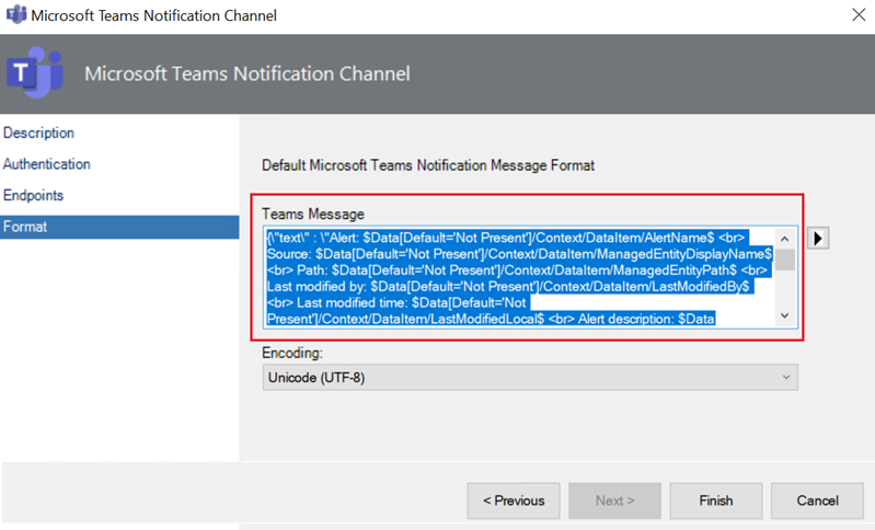 Capture d’écran montrant le format de message de notifications par défaut.