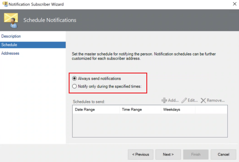 Capture d’écran montrant les options de planification de notification de l’abonné.