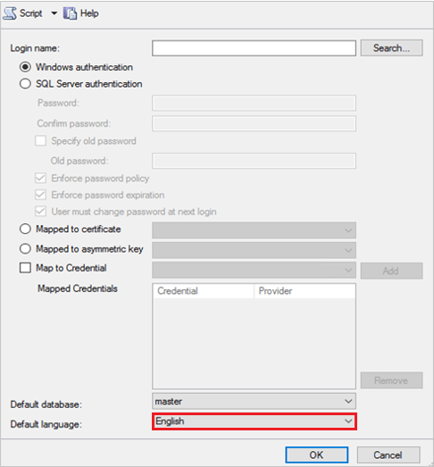 Capture d’écran montrant la langue par défaut du nouveau compte de connexion.