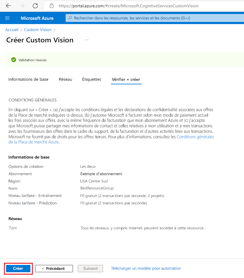 Capture d’écran mettant en évidence les éléments à sélectionner dans le portail Azure pour créer une ressource Custom Vision.