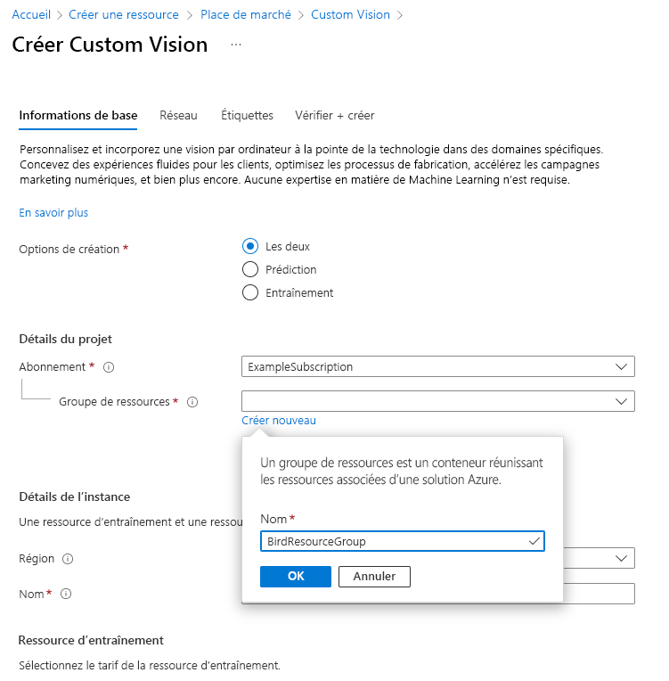 Capture d’écran montrant comment créer un groupe de ressources dans le portail Azure.